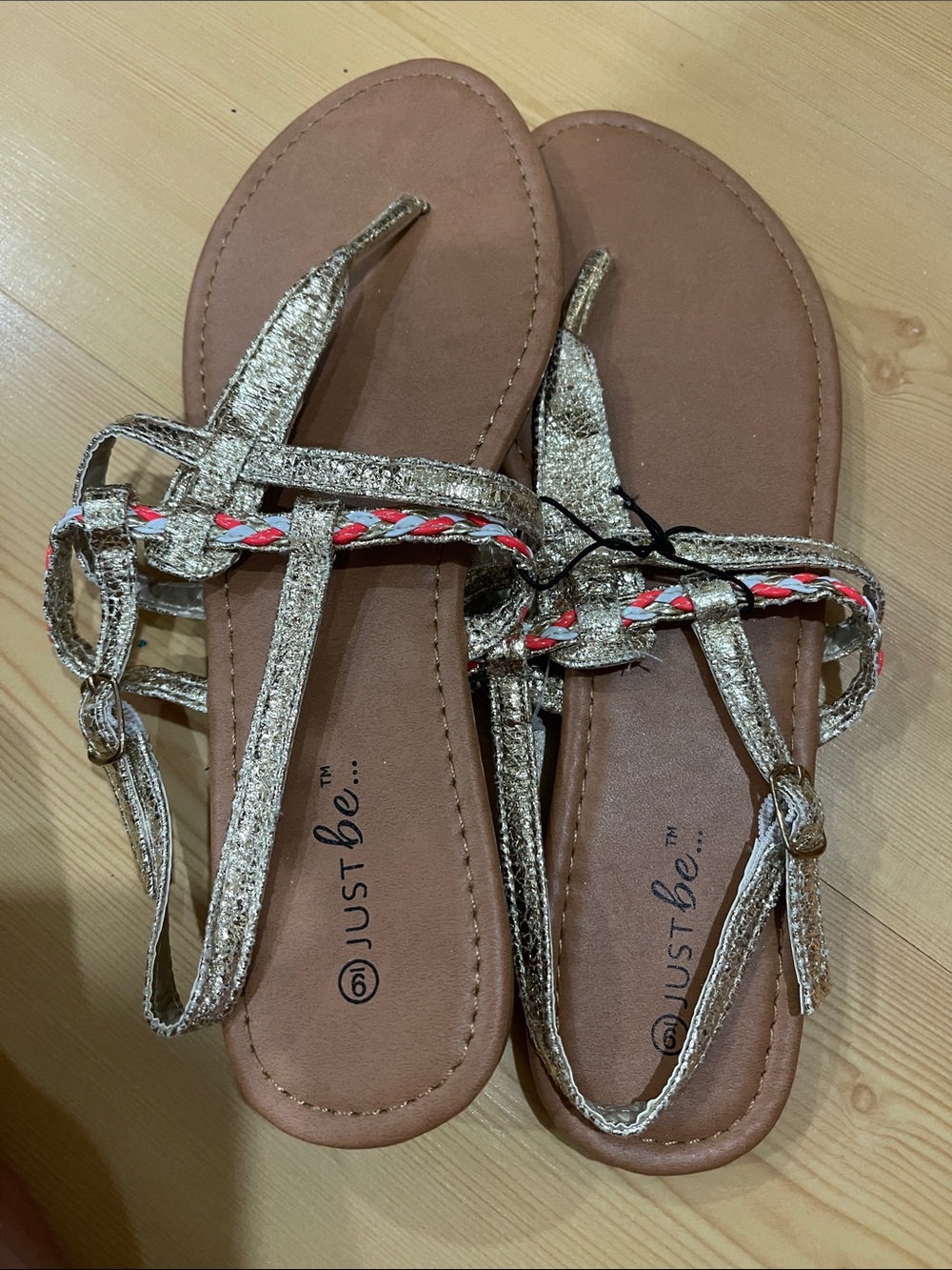 just be Gold Braided Thong Sandals with Red and White Accent